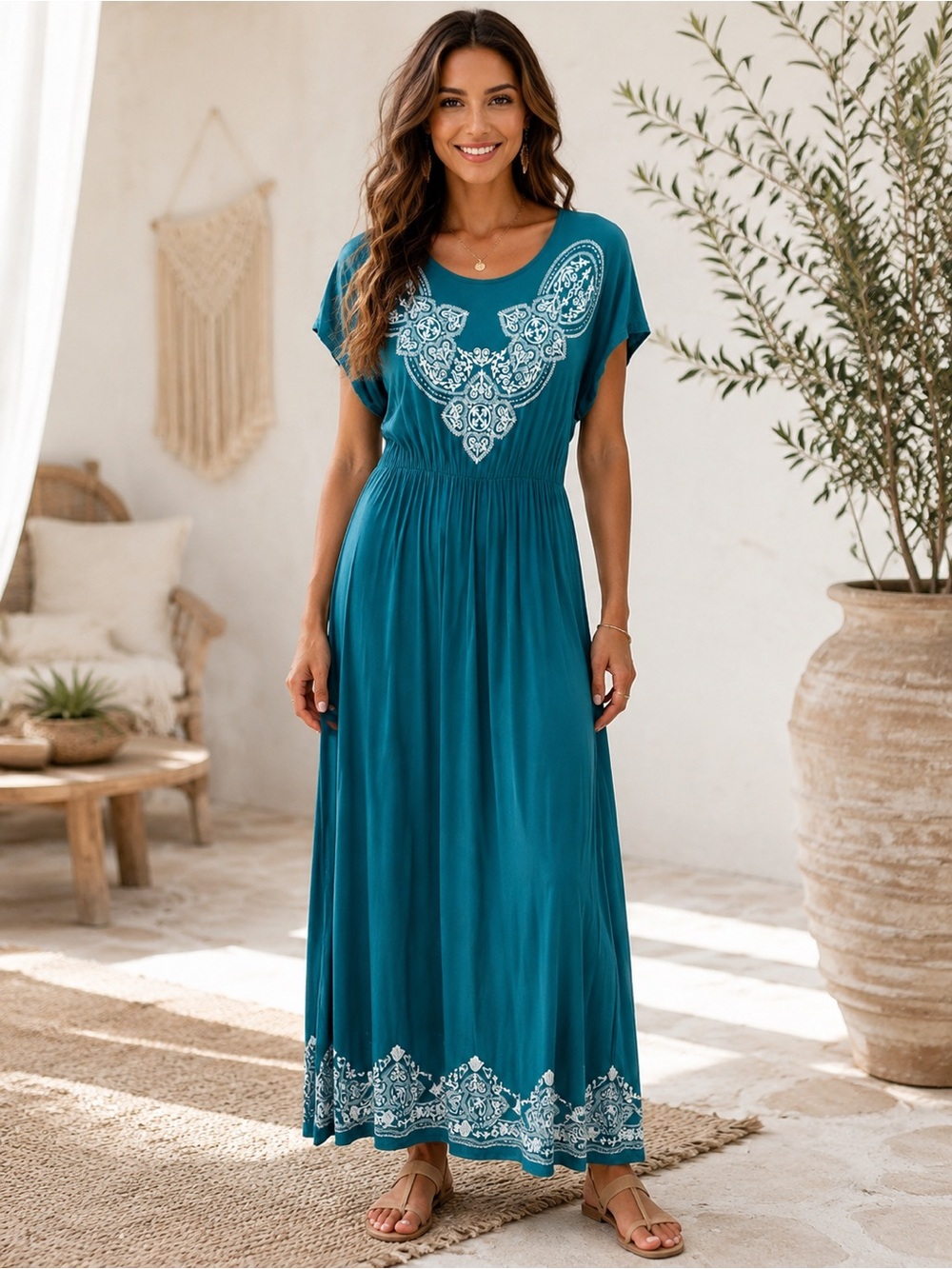 166 NWT HEIMISH USA Teal Maxi Dress with White Design Size Largr